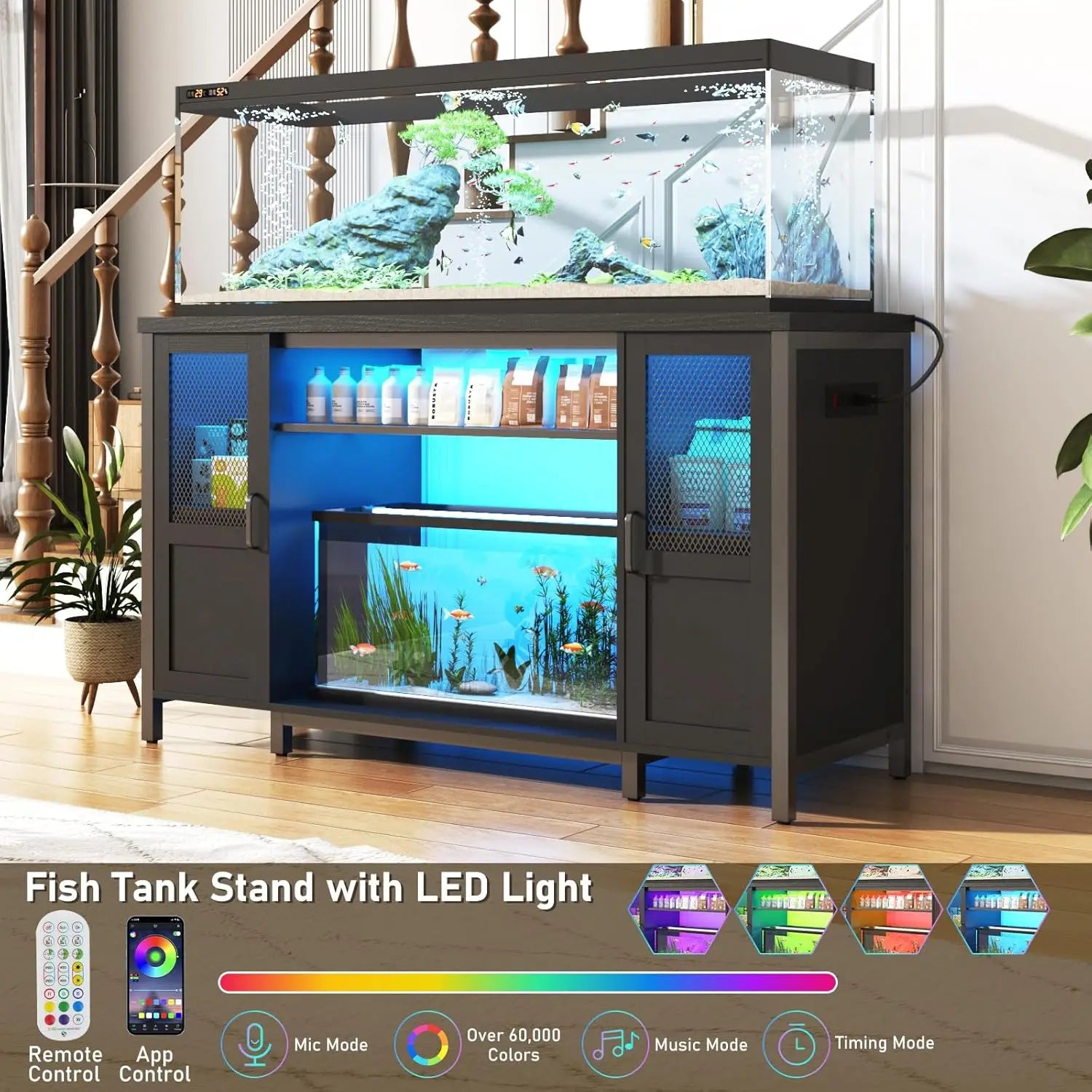 Fish Tank Stand with Power Outlet&LED Light Heavy Duty Metal Aquarium Stand f