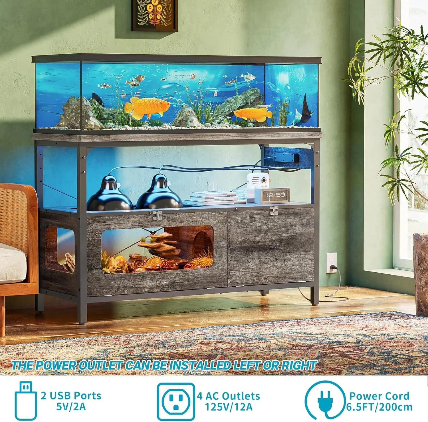 Fish Tank Stand with LED Light Aquarium Stand with Outlet and Storage 49.2"