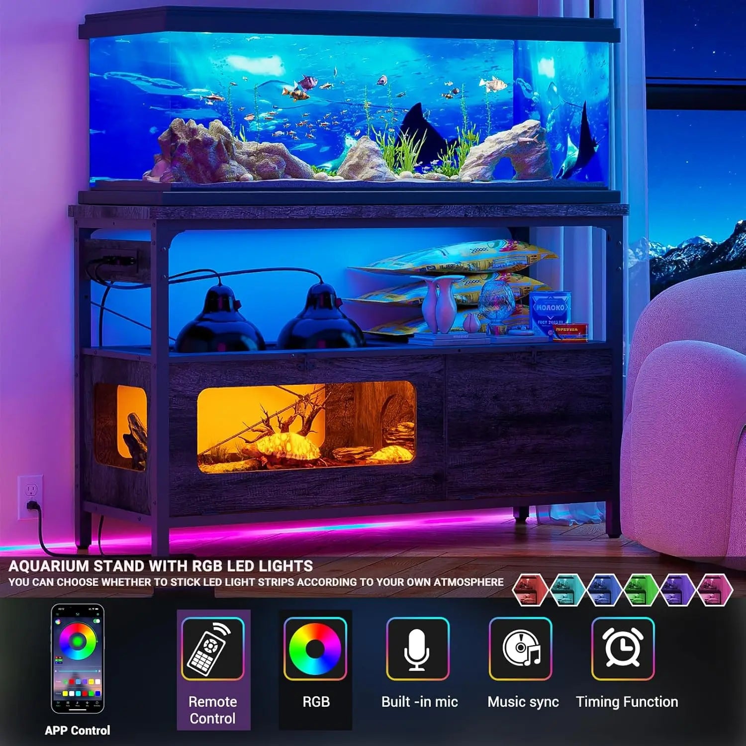 Fish Tank Stand with LED Light Aquarium Stand with Outlet and Storage 49.2"